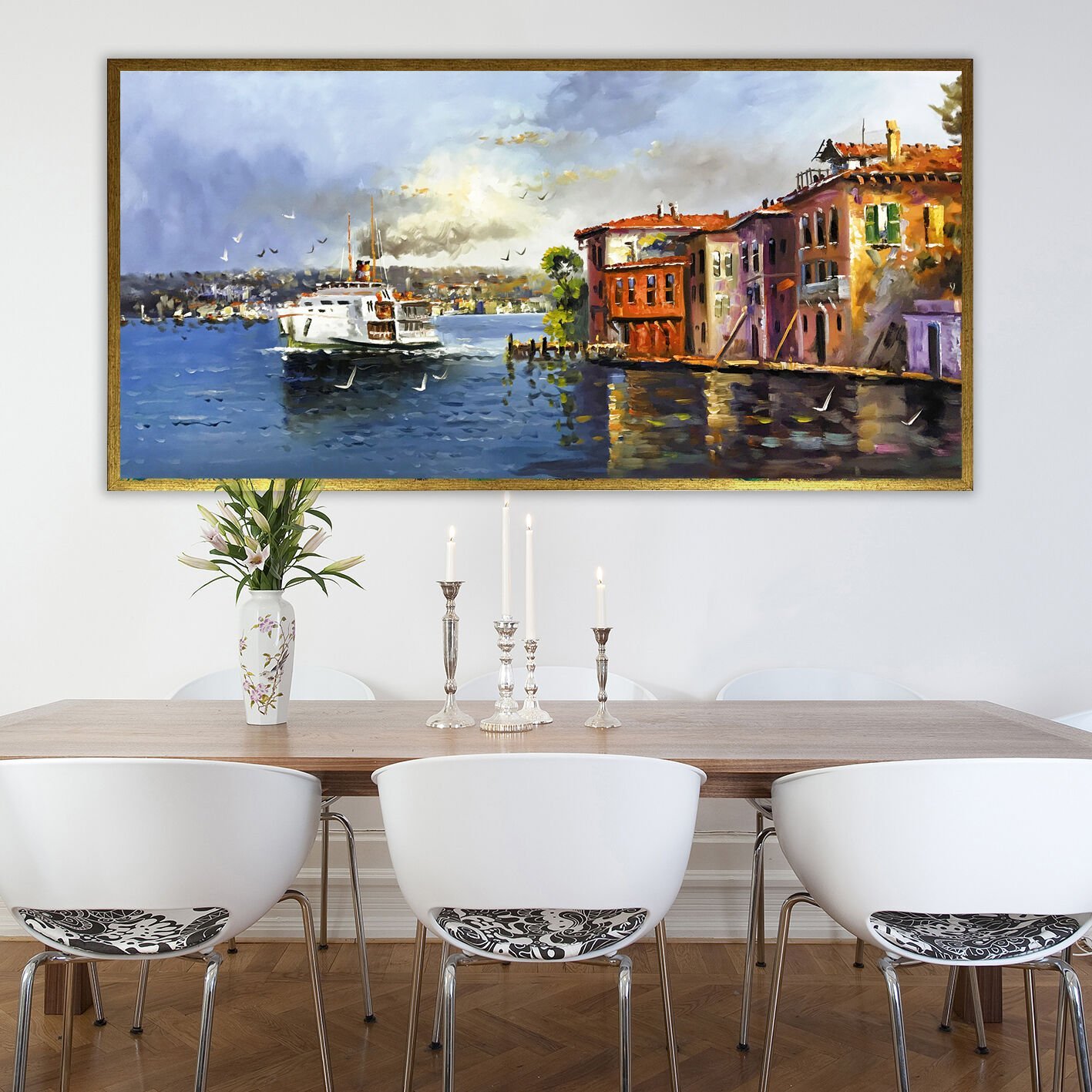 Boğazda Yalılar ve Vapur Manzara Dokulu Yağlıboya Tablo