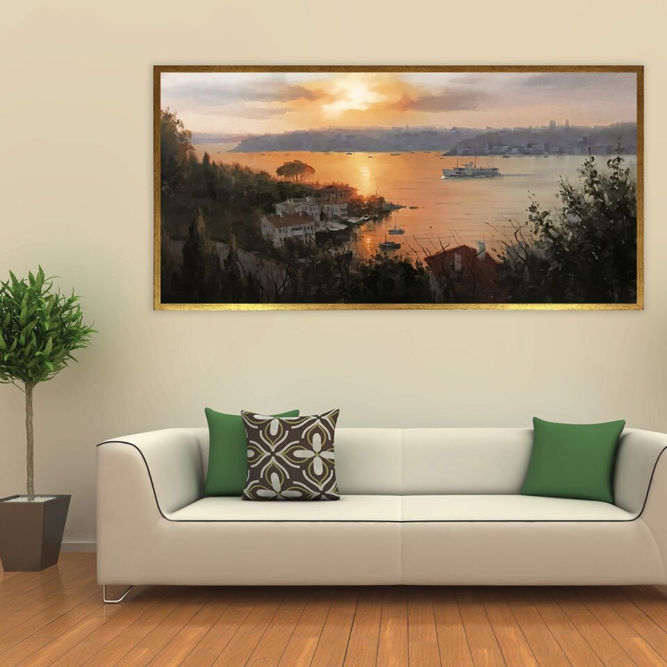 Deniz, Vapur ve Ufuk Manzara Dokulu Yağlıboya Tablo