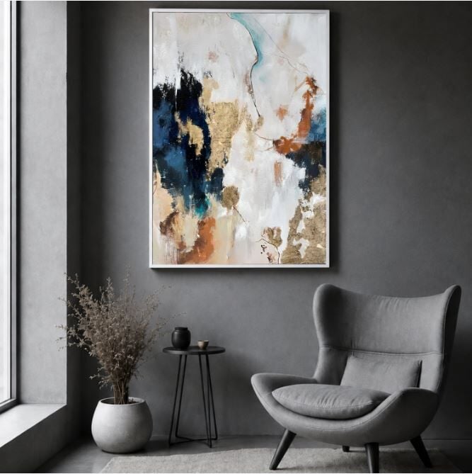 Soyut Yağlı Boya Tablo Mavi Altın Dokulu Modern Dekoratif Duvar Tablosu