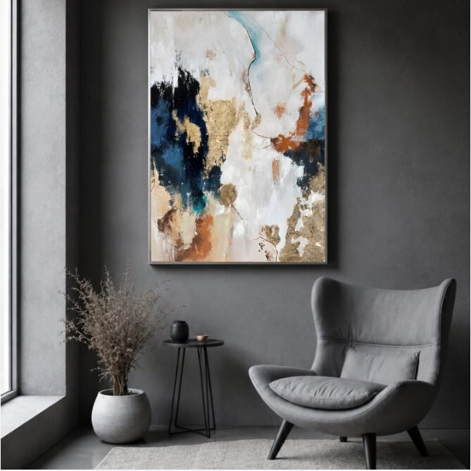 Soyut Yağlı Boya Tablo Mavi Altın Dokulu Modern Dekoratif Duvar Tablosu