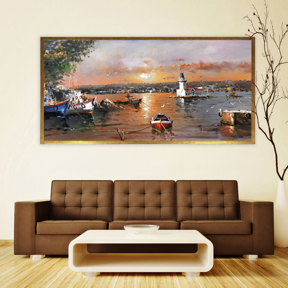 Kıyıdan Kız Kulesi Manzara Dokulu Yağlıboya Tablo