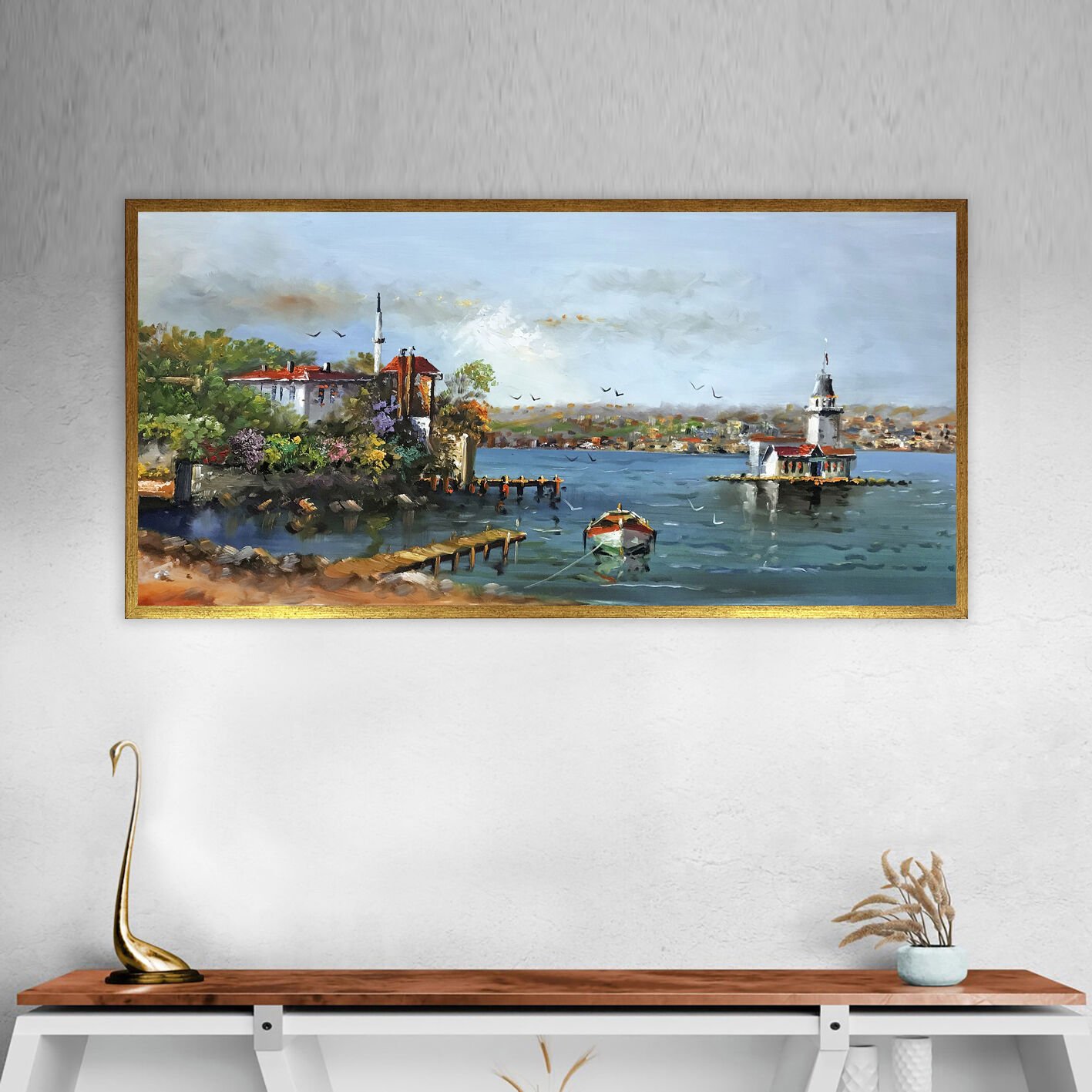 Kız Kulesi’ne Bakan Yalılar Manzara Dokulu Yağlıboya Tablo