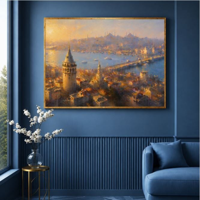 Galata Kulesi İstanbul Manzaralı Dokulu Yağlı Boya Tablo