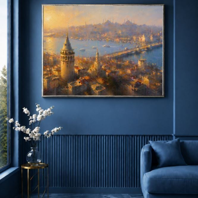 Galata Kulesi İstanbul Manzaralı Dokulu Yağlı Boya Tablo