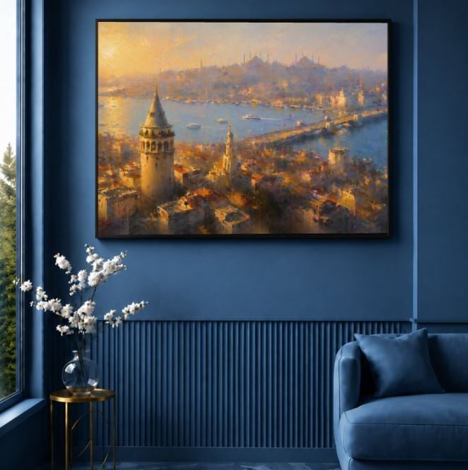 Galata Kulesi İstanbul Manzaralı Dokulu Yağlı Boya Tablo