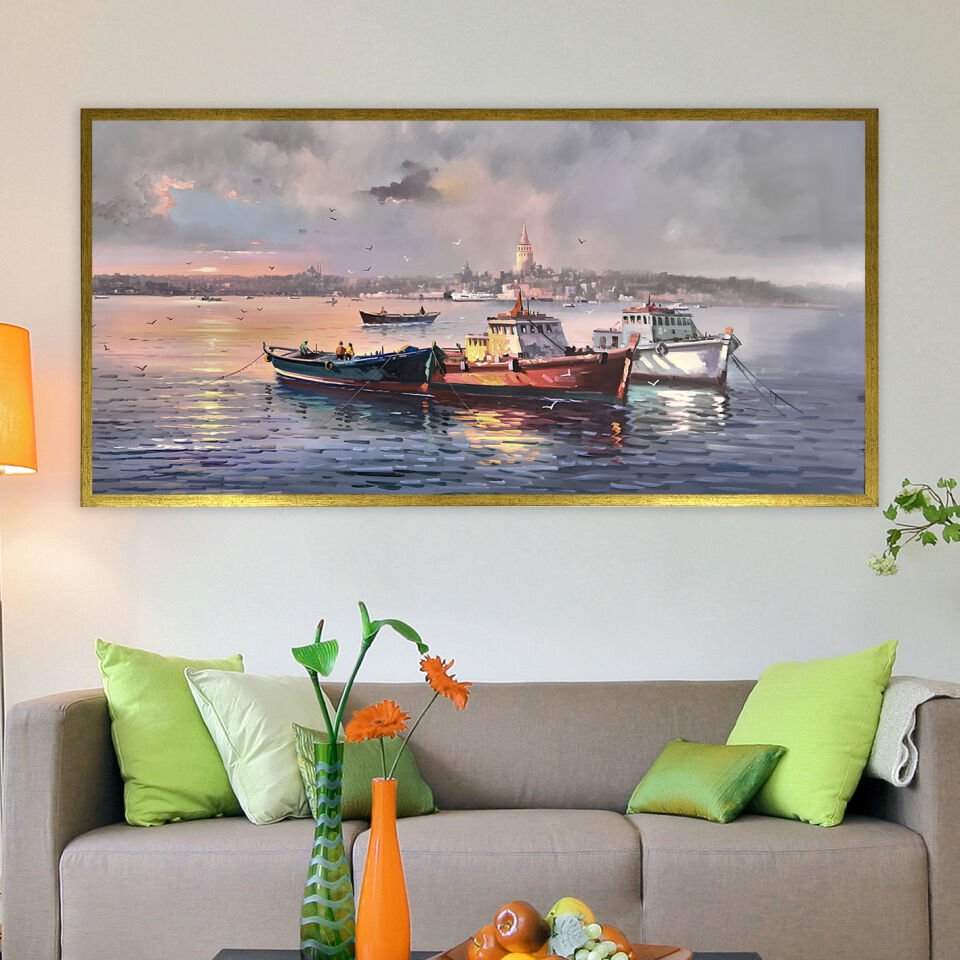 Kayıklar ve Tarihin Silueti Manzara Dokulu Yağlıboya Tablo
