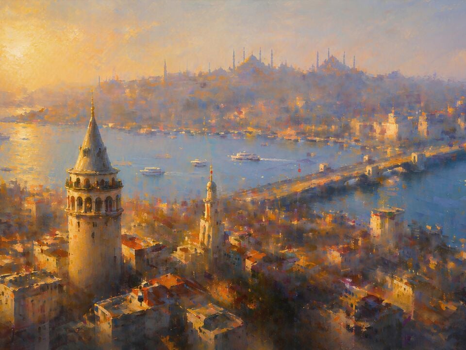 Galata Kulesi İstanbul Manzaralı Dokulu Yağlı Boya Tablo
