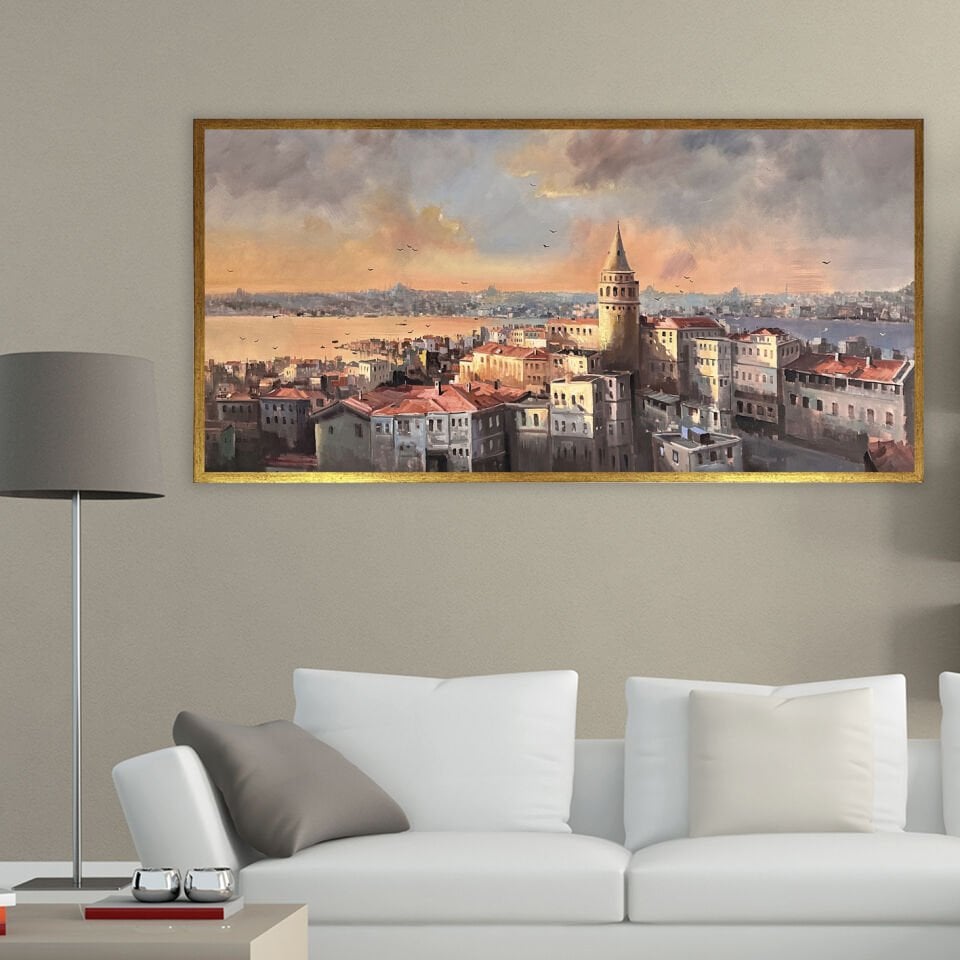 Galata Kulesi ve Tarihin Silueti Dokulu Yağlıboya Tablo