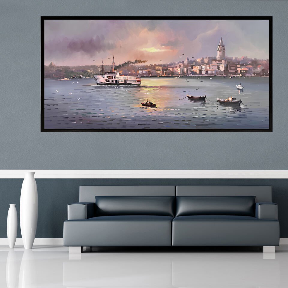 İstanbul’un Kalbinde Galata Manzara Dokulu Yağlıboya Tablo