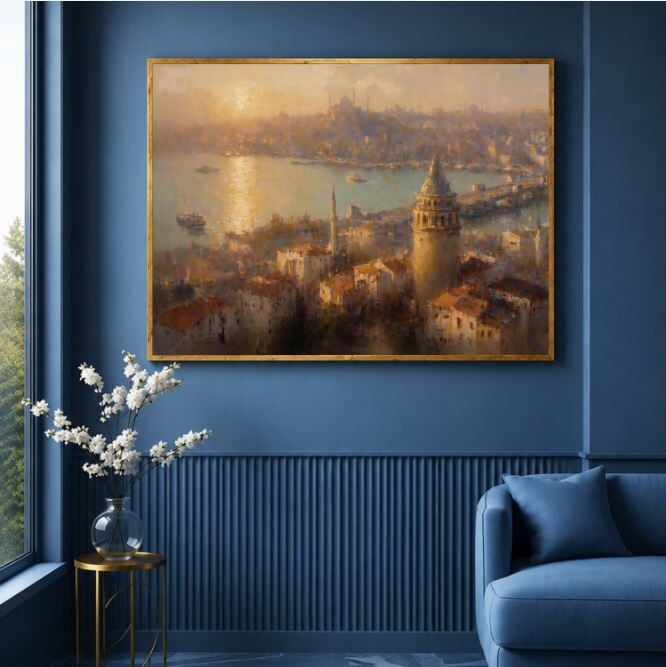 İstanbul Manzaralı Galata Kulesi Dokulu Yağlı Boya Tablo