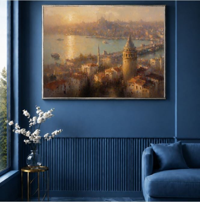 İstanbul Manzaralı Galata Kulesi Dokulu Yağlı Boya Tablo