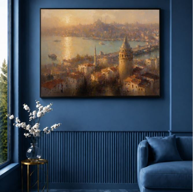 İstanbul Manzaralı Galata Kulesi Dokulu Yağlı Boya Tablo