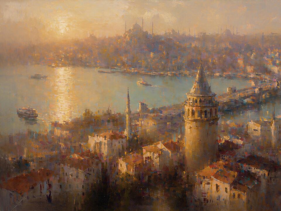 İstanbul Manzaralı Galata Kulesi Dokulu Yağlı Boya Tablo
