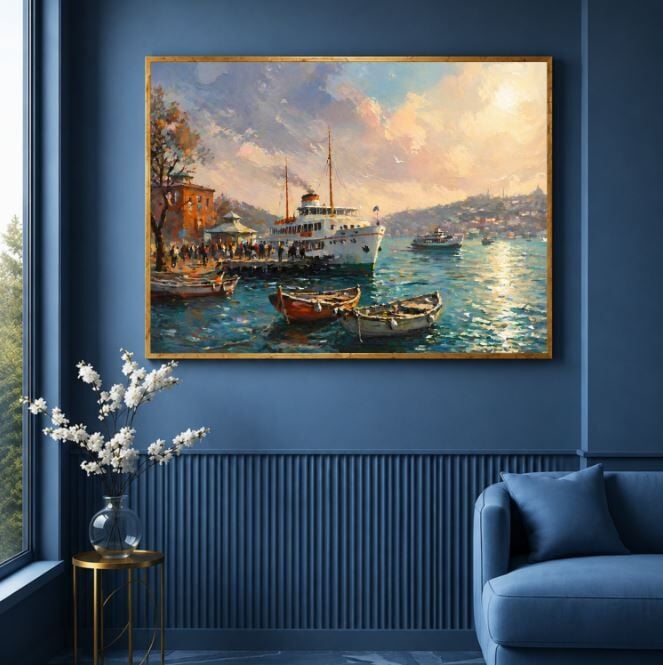 Boğaz Manzaralı İstanbul Vapur Dokulu Yağlı Boya Tablo