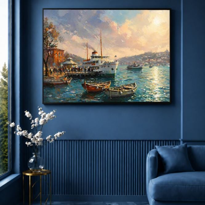 Boğaz Manzaralı İstanbul Vapur Dokulu Yağlı Boya Tablo