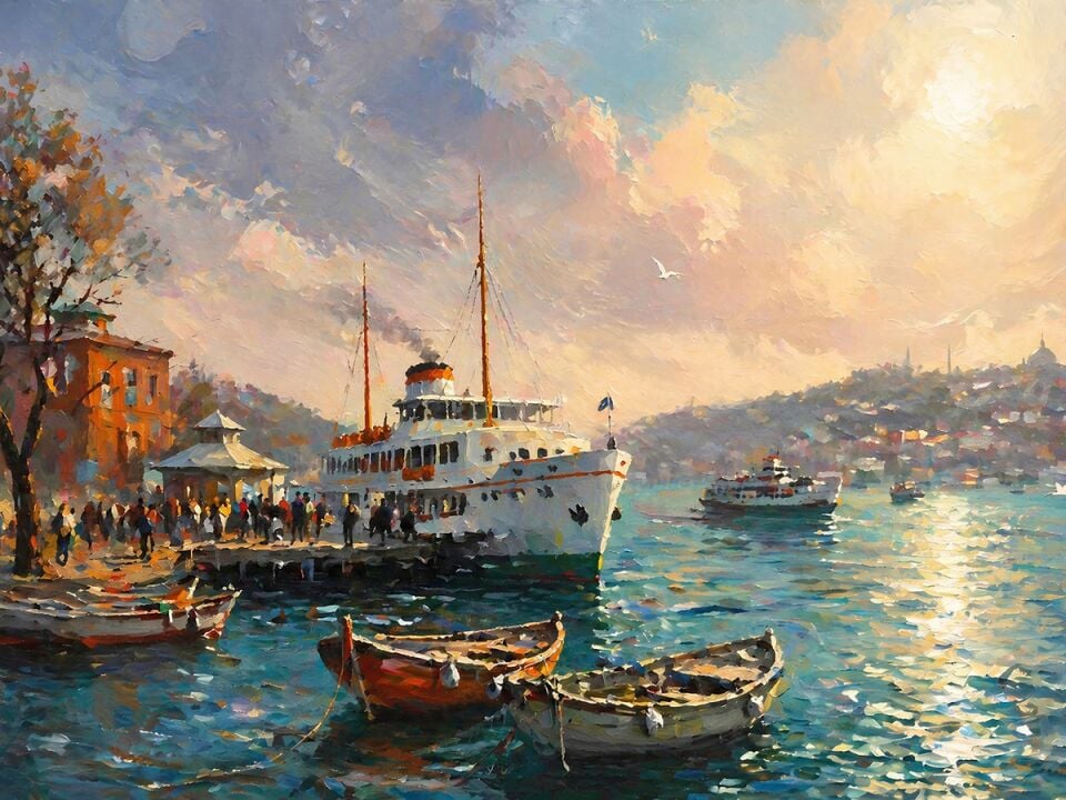 Boğaz Manzaralı İstanbul Vapur Dokulu Yağlı Boya Tablo