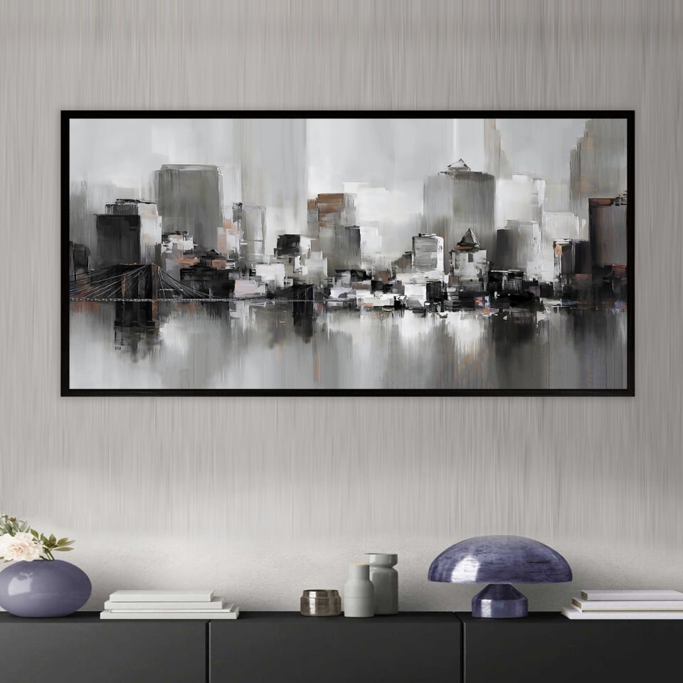Sisli Şehir Silüeti Soyut Dokulu Yağlıboya Tablo
