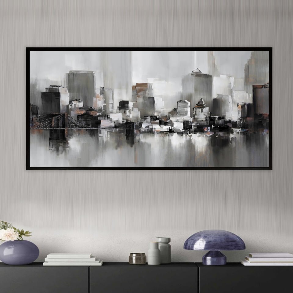 Sisli Şehir Silüeti Soyut Dokulu Yağlıboya Tablo