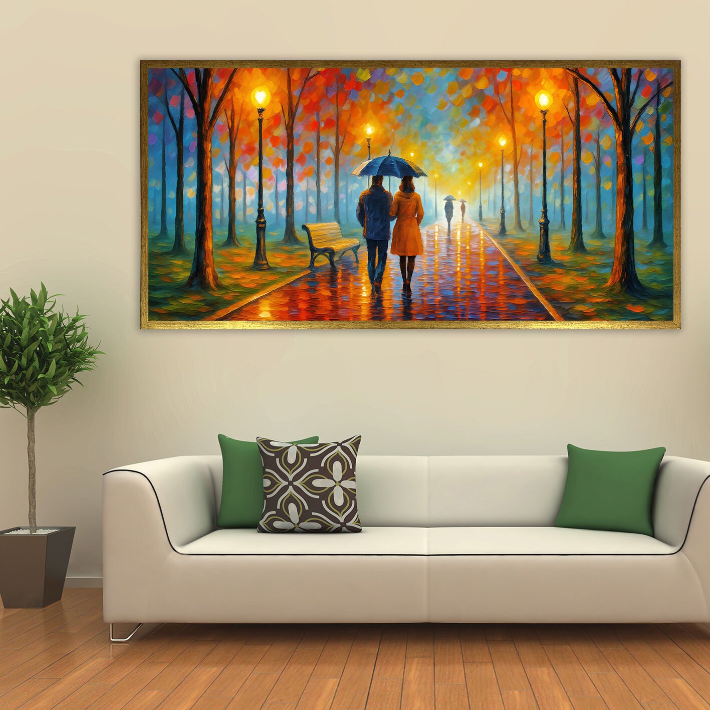 Yağmur Altında Birlikte Manzara Dokulu Yağlıboya Tablo