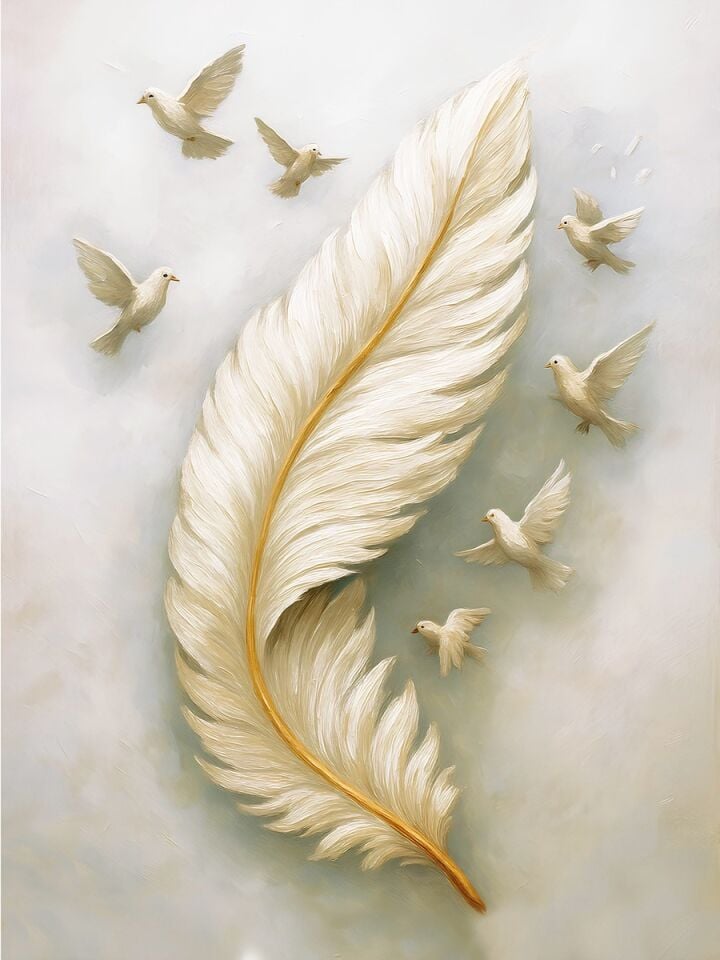Beyaz Tüy ve Güvercin Tablosu Modern Yağlı Boya Duvar Tablosu