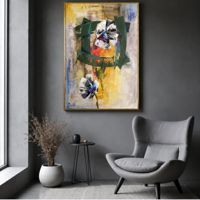 Soyut Çiçek Yağlı Boya Tablo Modern Dokulu Floral Kompozisyon