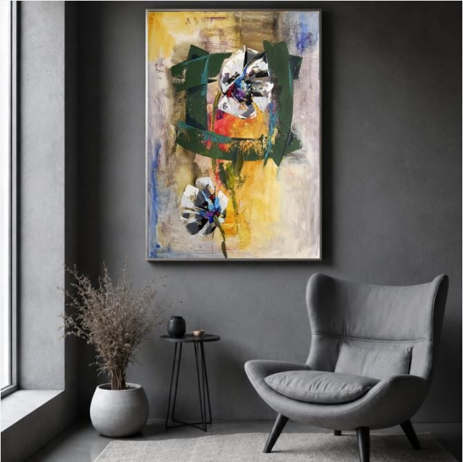Soyut Çiçek Yağlı Boya Tablo Modern Dokulu Floral Kompozisyon