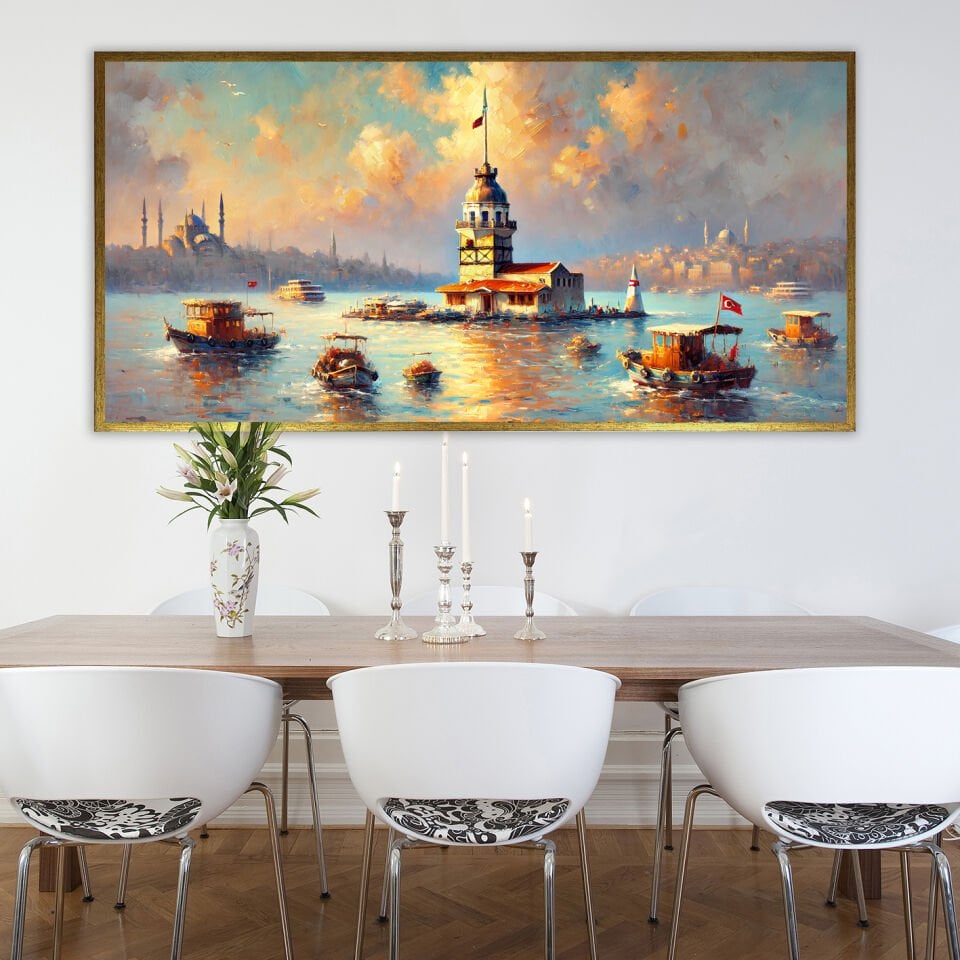 Kız Kulesi ve Kayıklar Manzara Dokulu Yağlıboya Tablo