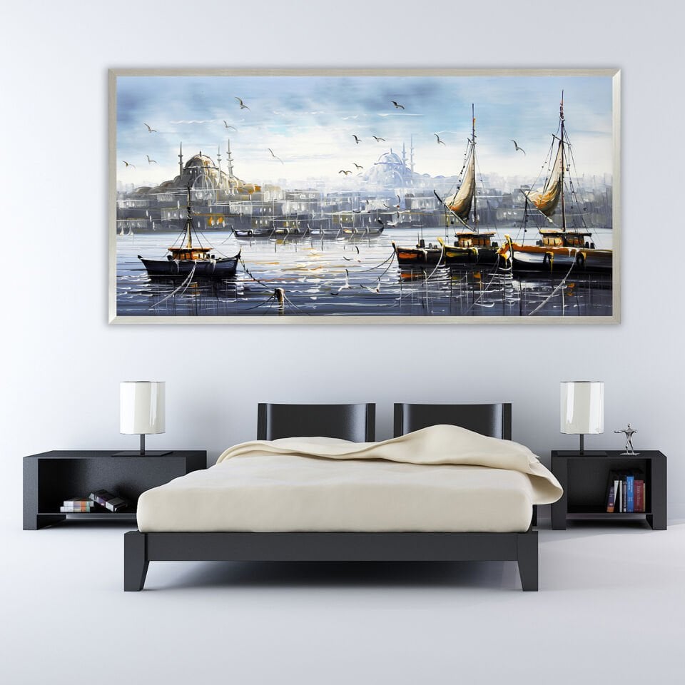 Boğazda Yelkenli Manzara Dokulu Yağlıboya Tablo