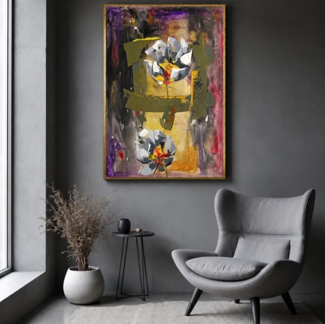 Soyut Çiçek Yağlı Boya Tablo Dokulu Modern Floral Tasarım