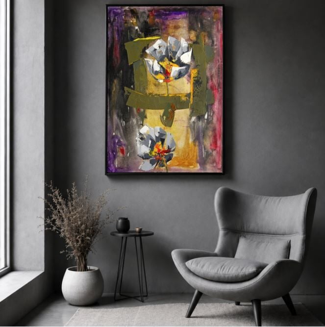 Soyut Çiçek Yağlı Boya Tablo Dokulu Modern Floral Tasarım