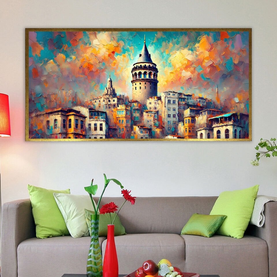 Galata’da Akşam1 Manzara Dokulu Yağlıboya Tablo